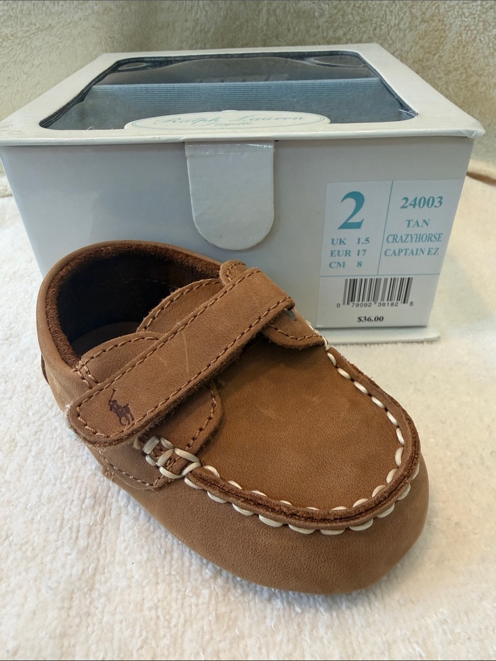 Polo by Ralph Lauren Kids Tan Leather Moccasin with Hook-and-Loop Strap